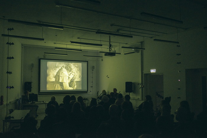 Sergey Letov (Roland Aerophone AE-30) and Yevgeny Voronovsky (electronics) perform live music for silent film «Nosferatu» on Halloween at Creative Hub Of High School of Economics (HSE) (October 31, 2023)