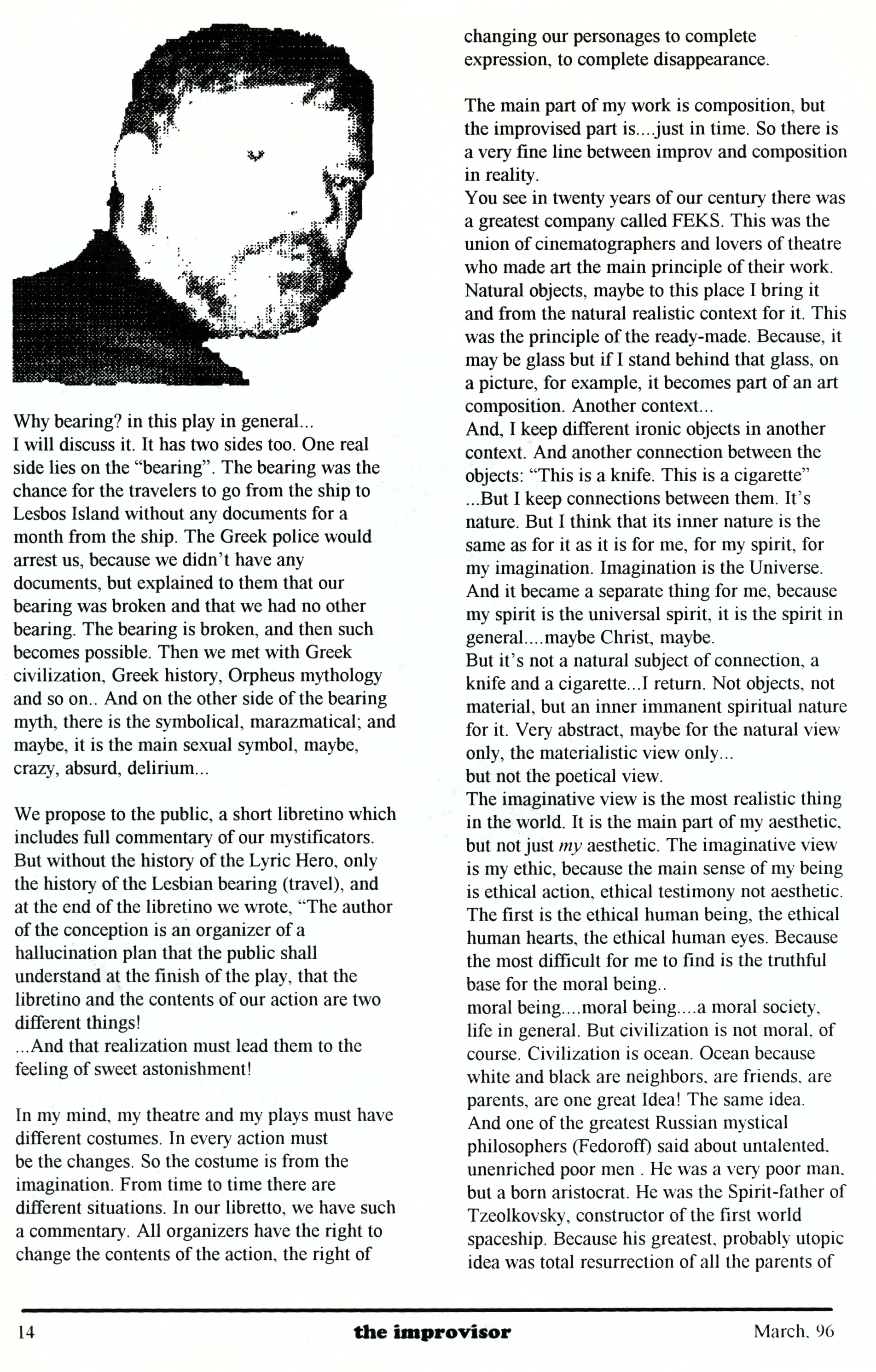 YURIY ZMOROVYCH. Lesbian Bearing or Orpheus Profecy. (chronical hallucination of 1994-95), The International Journal of Free Improvisation Volume XI, 1996 - the IMPROVISOR, p. 14